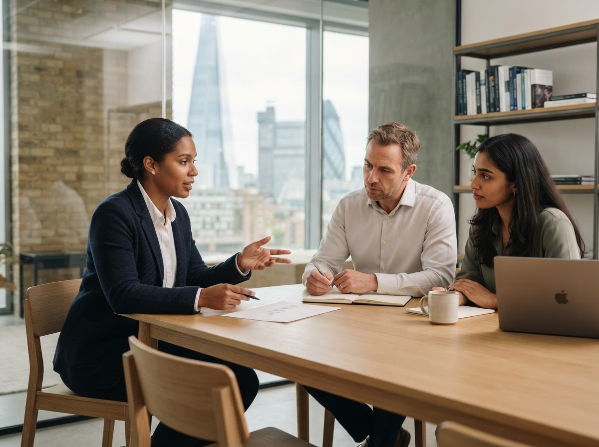 Zestor Ventures investment analysts reviewing portfolio data in a minimalist office setting